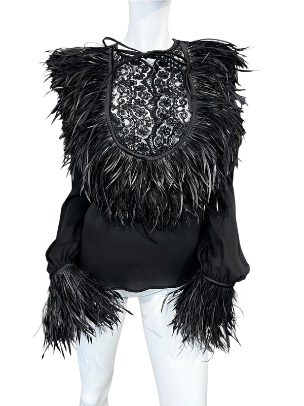 DSQUARED SILK & OSTRICH FEATHERS BLOUSE